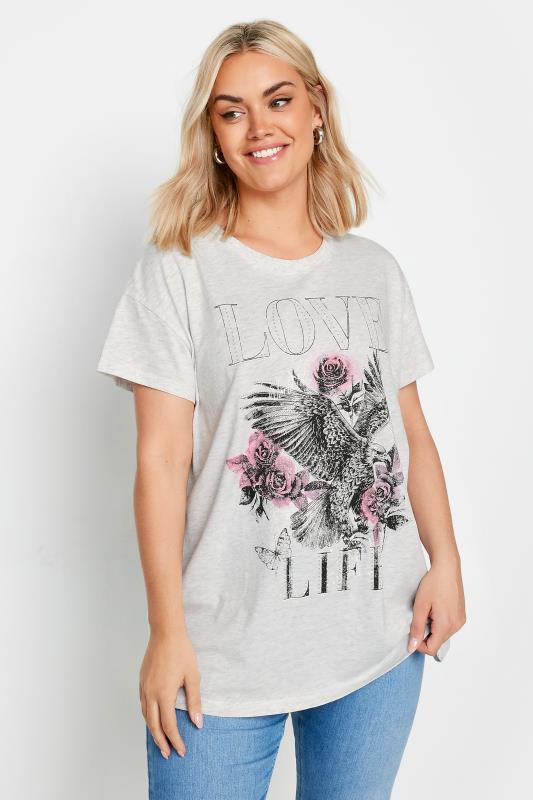 Plus Size  YOURS Curve Grey 'Love Life' Slogan Stud T-Shirt