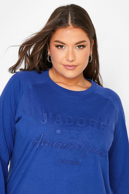 Plus Size Cobalt Blue 'J'adore' Embossed Raglan T-Shirt | Yours Clothing 4