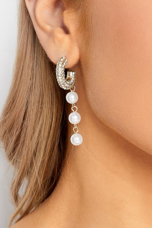 Gold Tone Diamante & Pearl Drop Earrings | Yours Clothing 1