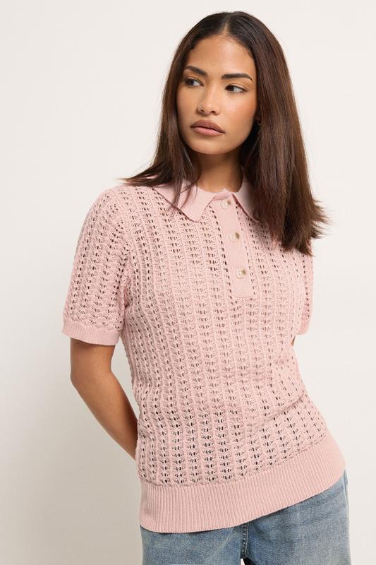 PixieGirl Petite Women's Pink Crochet Polo Top | PixieGirl 1