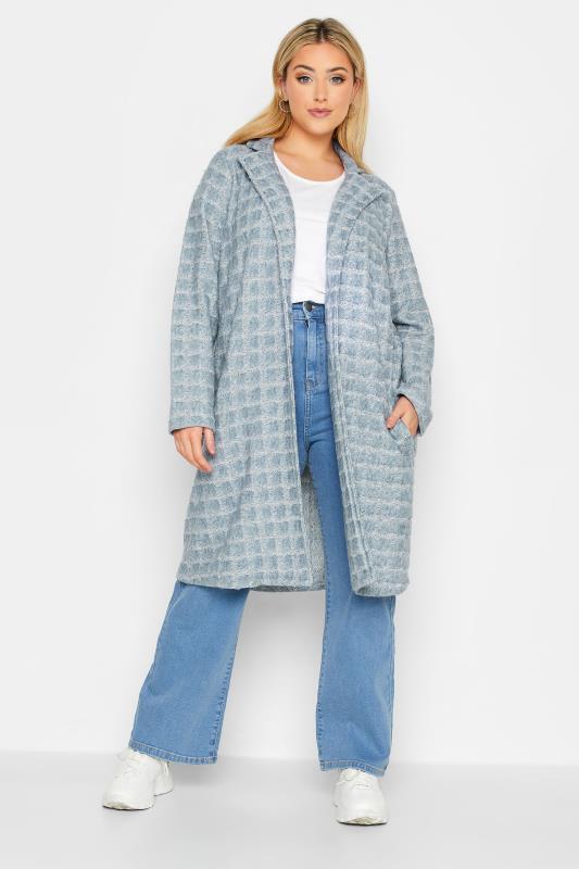YOURS LUXURY Plus Size Blue Geometric Print Faux Fur Jacket | Yours Clothing 1