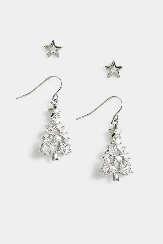 2 PACK Silver Christmas Tree Drop Earrings | Yours Clothing 2