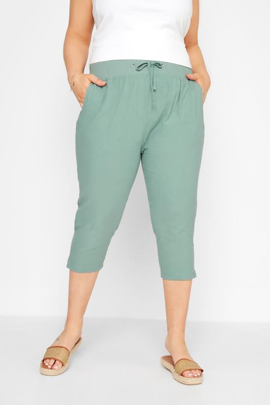 Großen Größen  Curve Sage Green Cool Cotton Cropped Trousers Size 14-36