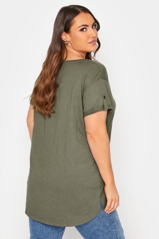 Curve Khaki Green Pocket Dipped Hem T-Shirt 3