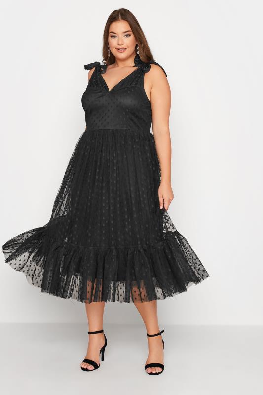 YOURS LONDON Plus Size Black Spot Mesh Tiered Dress | Yours Clothing 2