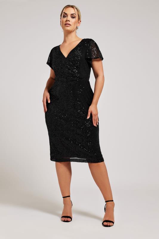 YOURS LONDON Plus Size Black Sequin Embellished Wrap Dress | Yours Clothing 1
