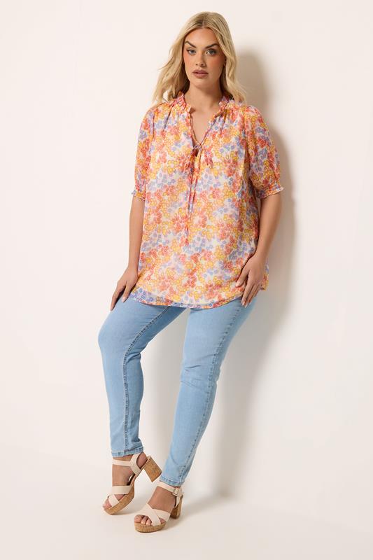 YOURS Plus Size White Floral Frill Neck Blouse | Yours Clothing 2