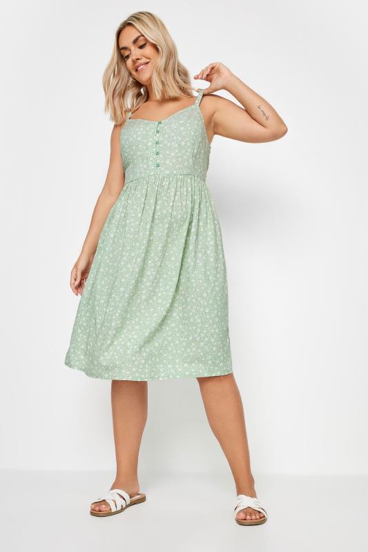 YOURS Plus Size Green Ditsy Floral Print Strappy Sundress | Yours Clothing 1