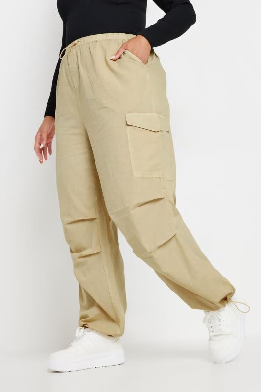 YOURS Curve Plus Size Stone Brown Cargo Parachute Trousers | Yours Clothing  1