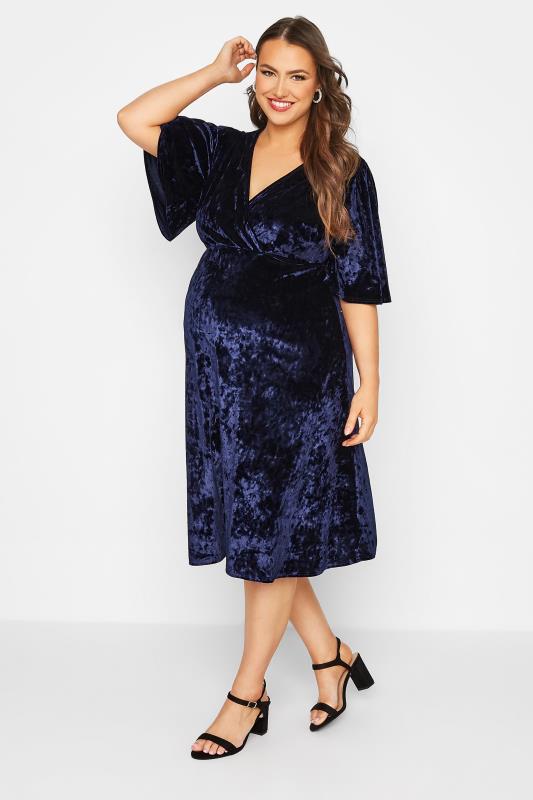 BUMP IT UP MATERNITY Plus Size Navy Blue Velvet Midi Wrap Dress | Yours Clothing 2