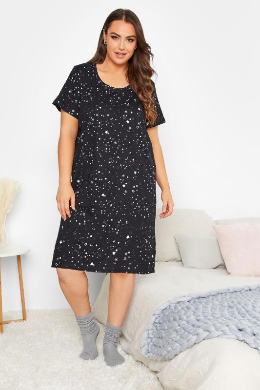 Plus Size Black Star Print Nightdress | Yours Clothing 2
