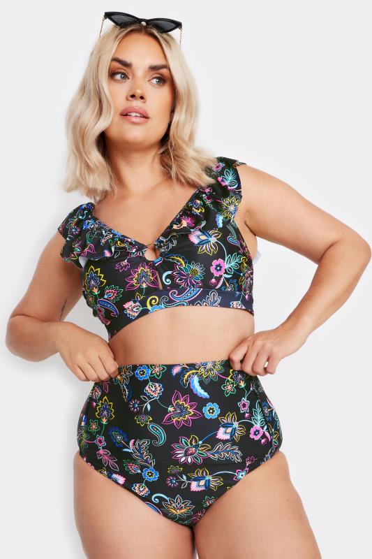 YOURS Plus Size Black Paisley Print Frill Bikini Top | Yours Clothing 1