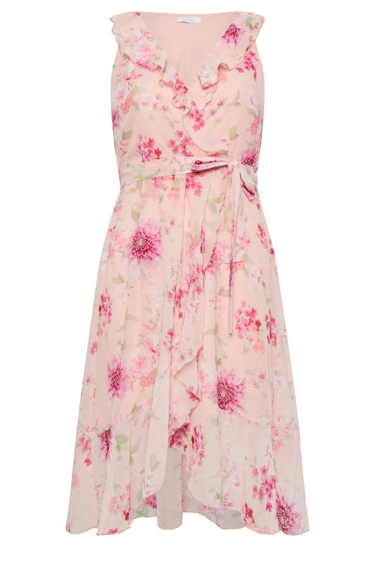 YOURS LONDON Plus Size Curve Pink Floral Print Double Ruffle Wrap Dress | Yours Clothing  6