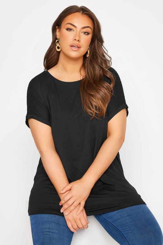 Plus Size Black Crochet Shoulder T-Shirt | Yours Clothing 4