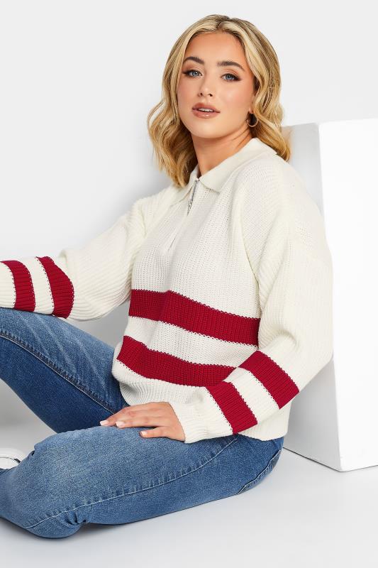 YOURS PETITE Plus Size White & Red Stripe Zip Collar Jumper | Yours Clothing 4