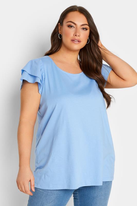 YOURS Plus Size Blue Frill Sleeve T-Shirt | Yours Clothing 1