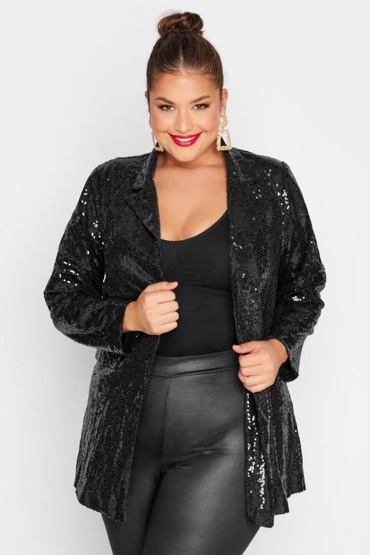 Plus Size Curve Black Sequin Blazer | Yours Clothing 1