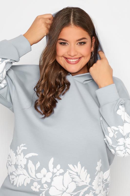 Curve Plus Size Light Blue Floral Detail Hoodie | Yours Clothing  4