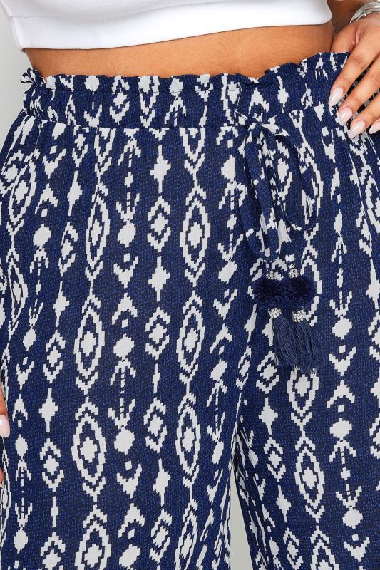YOURS Plus Size Navy Blue Ikat Print Crinkle Tassel Trousers | Yours Clothing 5