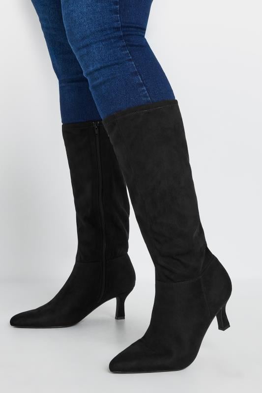  Tallas Grandes Black Faux Suede Knee High Pointed Boots In Extra Wide EEE Fit