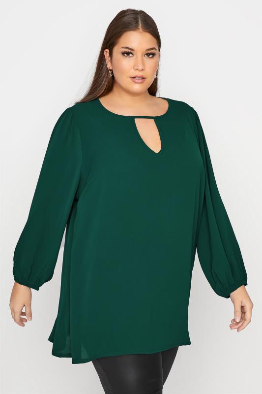 YOURS LONDON Forest Green Keyhole Balloon Sleeve Blouse_A.jpg