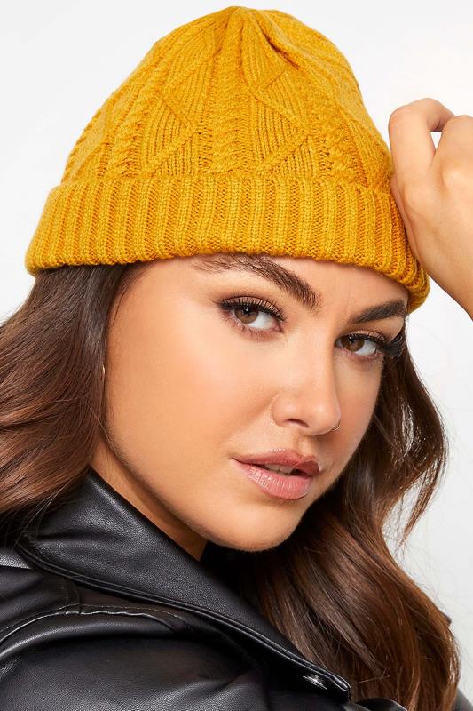Mustard Yellow Cable Knitted Beanie Hat | Yours Clothing 1
