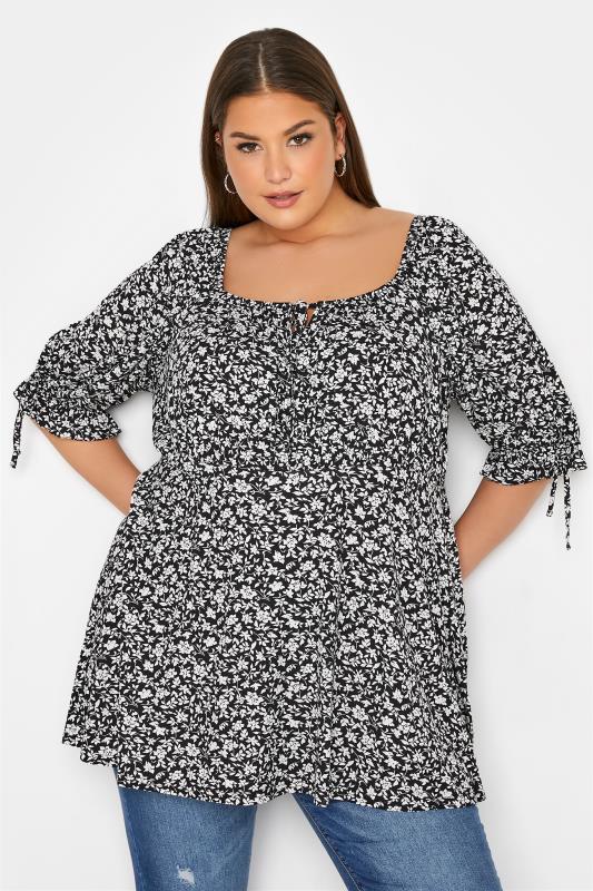 LIMITED COLLECTION Curve Black Ditsy Print Milkmaid Top 1