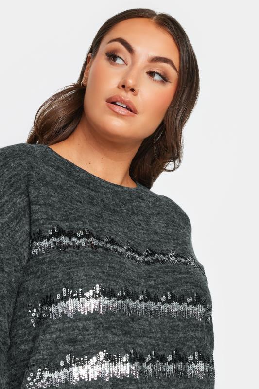 YOURS Plus Size Charcoal Grey Sequin Embellished Stripe Jumper | Yours Clothing 4