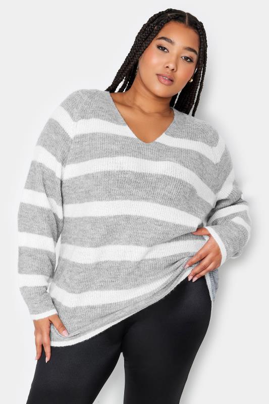 YOURS Plus Size Grey Stripe Knitted Jumper | Yours Clothing 2