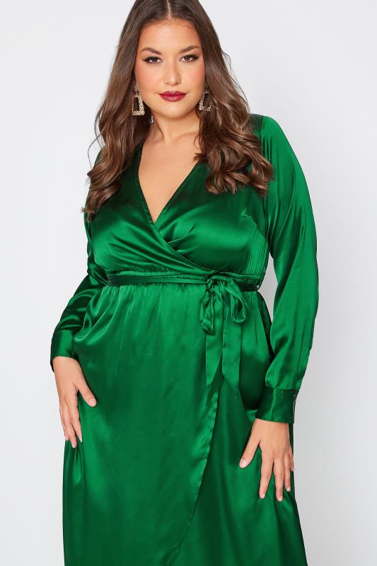 LIMITED COLLECTION Curve Forest Green Satin Wrap Dress 4