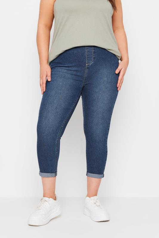 YOURS Plus Size Mid Wash Blue Turn Up Cropped GRACE Jeggings | Yours Clothing 1
