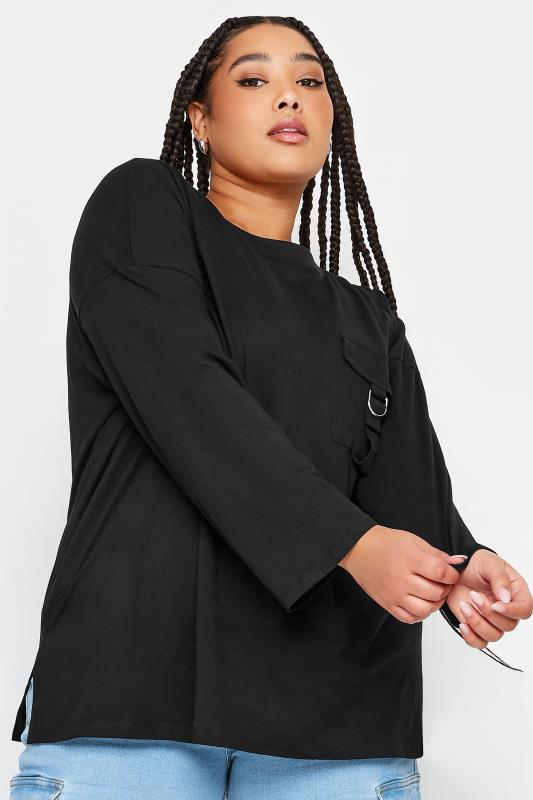 LIMITED COLLECTION Plus Size Black Utility Pocket Long Sleeve T-Shirt | Yours Clothing 1