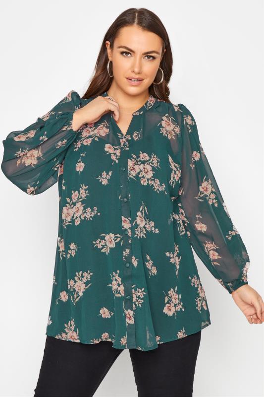 YOURS LONDON Plus Size Emerald Green Floral Print Balloon Sleeve Blouse ...