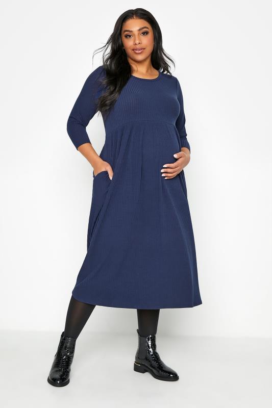  Grande Taille BUMP IT UP MATERNITY Navy Ribbed Pocket Midaxi Dress