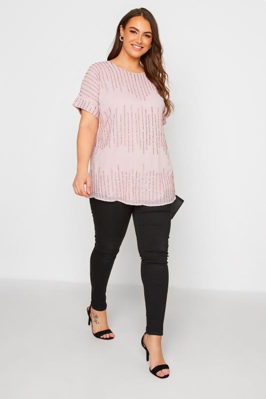 Plus Size LUXE Pink Sequin Hand Embellished Top | Yours Clothing 2