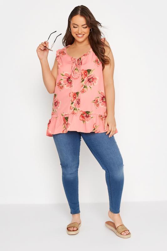 Plus Size Pink Floral Pintuck Frill Top | Yours Clothing 2