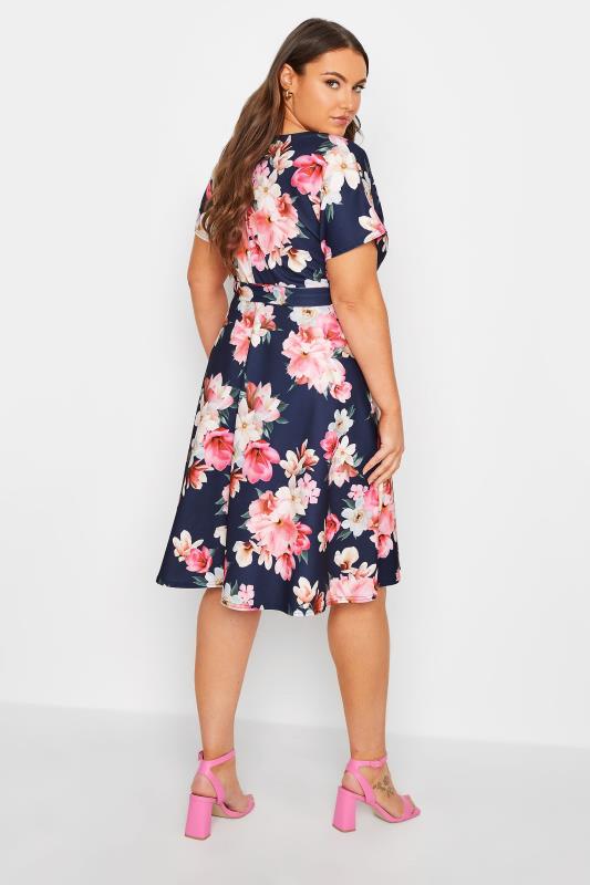YOURS LONDON Curve Plus Size Navy Blue & Pink Floral Skater Wrap Dress | Yours Clothing 3