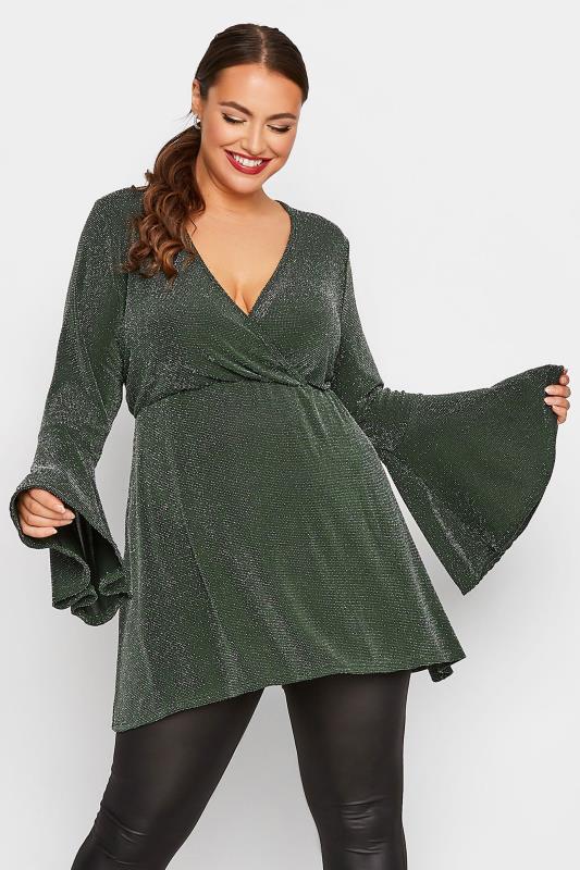 LIMITED COLLECTION Plus Size Forest Green Glitter Flare Sleeve Wrap Top | Yours Clothing 1