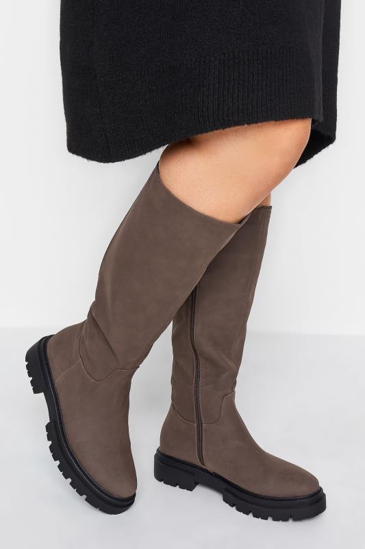 Plus Size  Brown Chunky Calf Boots In Wide E Fit & Wide EEE Fit