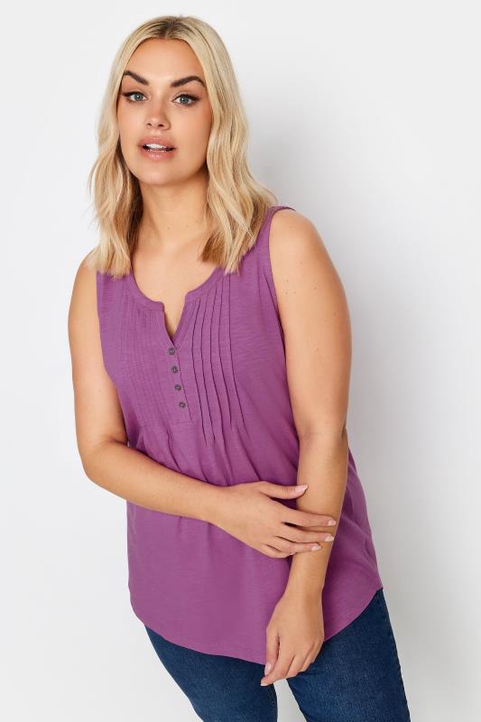 YOURS Plus Size Purple Pintuck Henley Vest Top | Yours Clothing 1