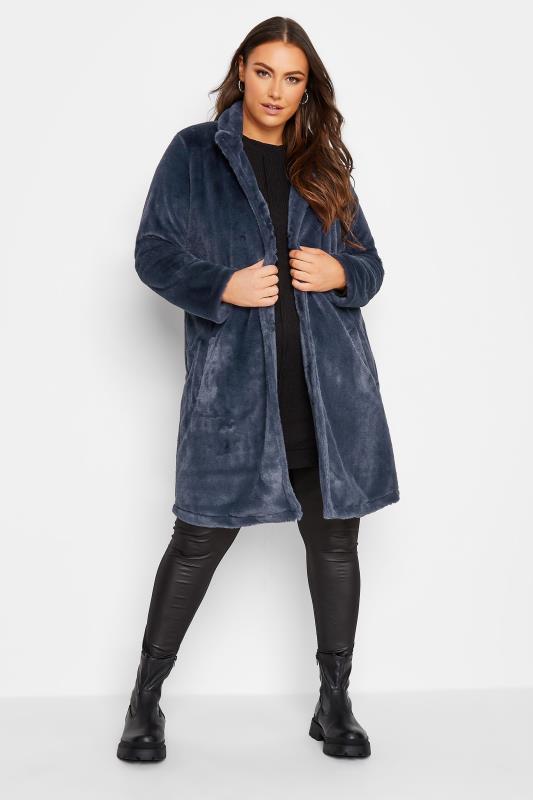 YOURS Plus Size Curve Navy Blue Faux Fur Coat | Yours Clothing  2
