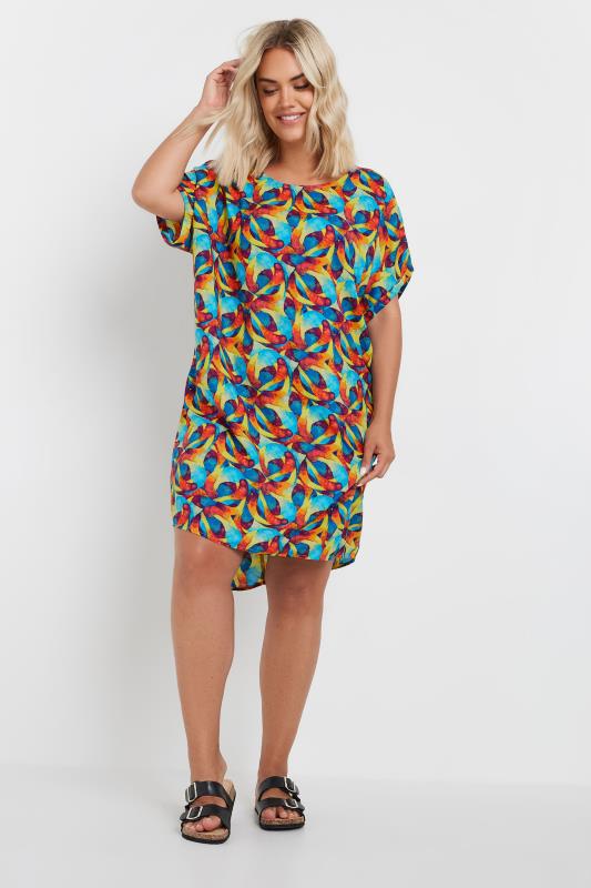 YOURS Plus Size Blue & Red Abstract Print Tunic Dress | Yours Clothing 2