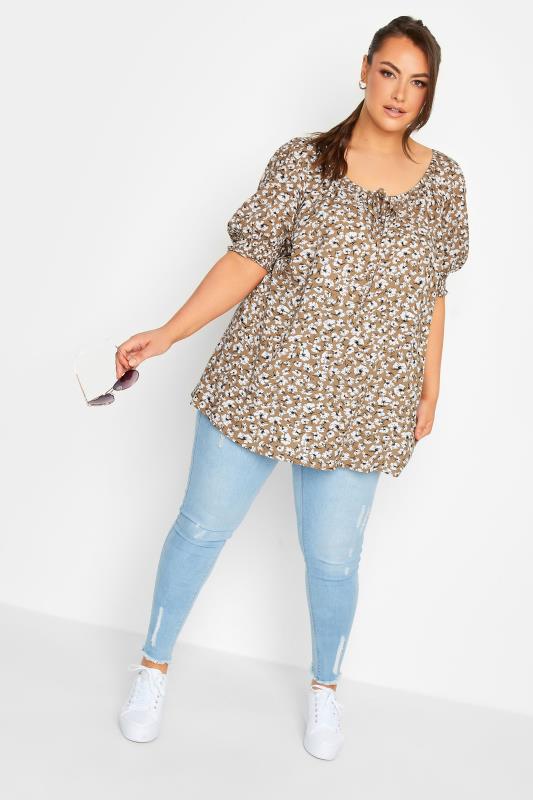YOURS Plus Size Beige Brown Floral Print Tie Front Top | Yours Clothing 2