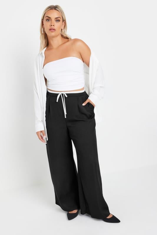 YOURS Plus Size Black Contrast Waist Wide Leg Trousers | Yours Clothing 3