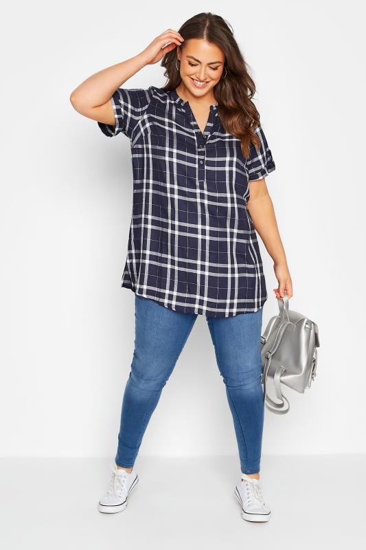 Plus Size Navy Blue Check Short Sleeve Shirt | Yours Clothing 2