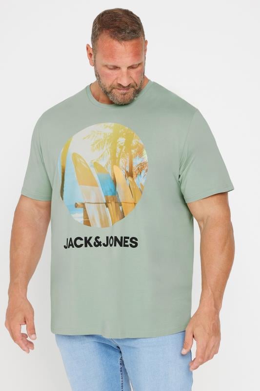 JACK & JONES Big & Tall Sage Green Surfboard Graphic Short Sleeve T-Shirt | BadRhino 1