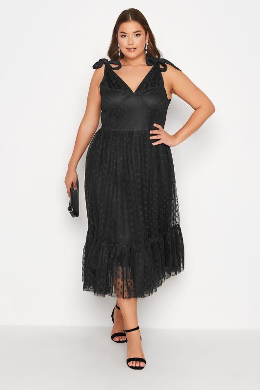 YOURS LONDON Plus Size Black Spot Mesh Tiered Dress | Yours Clothing 1