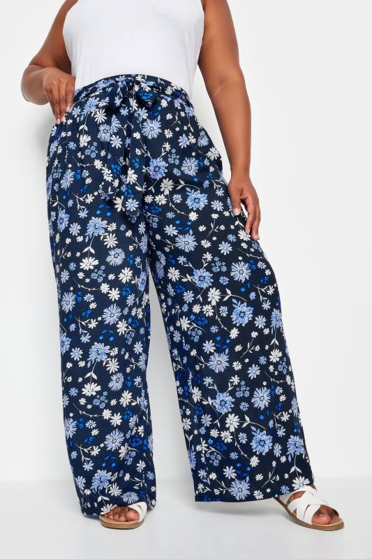 YOURS Plus Size Navy Blue Floral Print Wide Leg Trousers | Yours Clothing 1