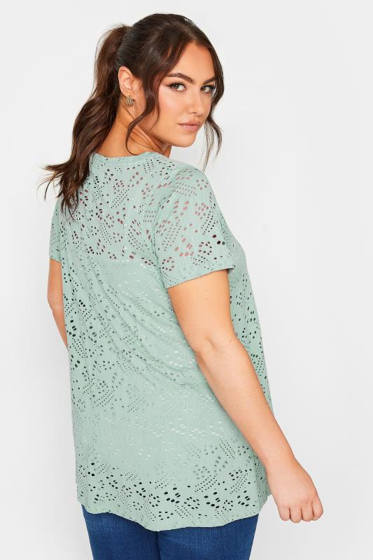 YOURS Plus Size Sage Green Broderie Anglaise Swing T-Shirt | Yours Clothing 3