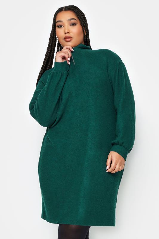 Plus Size  YOURS Curve Dark Green Soft Touch Zip Neck Jumper Dress